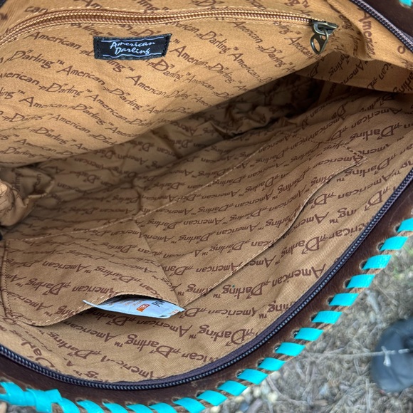 American Darling Eagle Feather Moon Hand Painted Leather Fringe Crossbody Purse - Picture 8 of 9